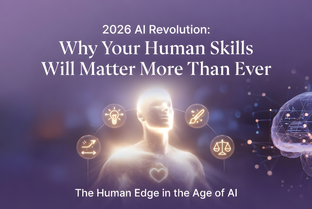 2026 AI Revolution: Why Your Human Skills Will Matter More Than Ever – glowing human silhouette with 5 irreplaceable skills icons on soft lavender purple background