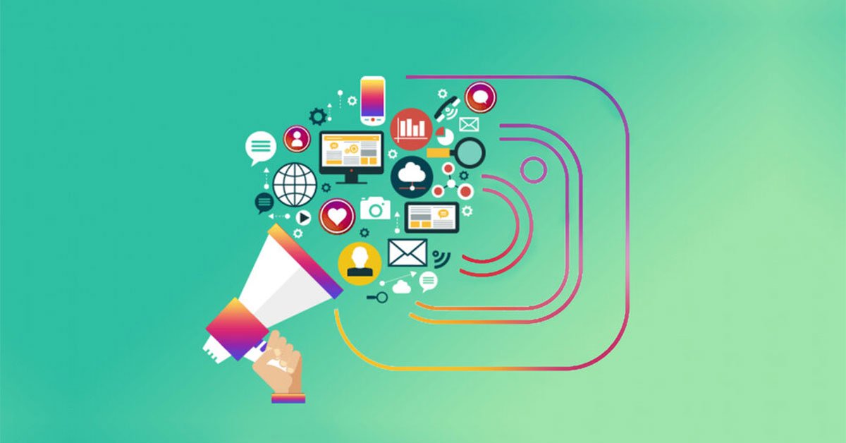 Instagram Content Strategy: Megaphone spreading social media icons.