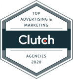 A hexagonal badge with the text: Top Advertising & Marketing Clutch Agencies 2020 in white and gray, with a dark center and a thin blue and gray border.