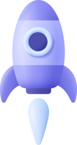 A stylized, purple and blue cartoon rocket ship with a circular window, viewed from the front against a transparent background.