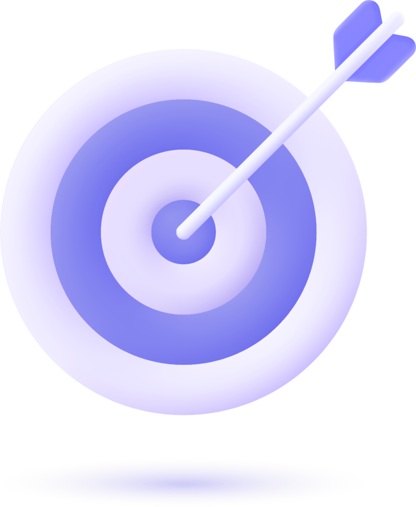 A stylized, purple bullseye target with an arrow hitting the center, surrounded by a soft glow and a shadow below.