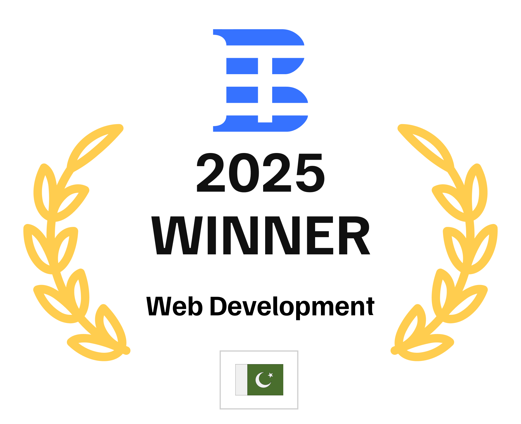 2025 Winner badge with a blue "B" logo, laurel wreath, and Pakistani flag.