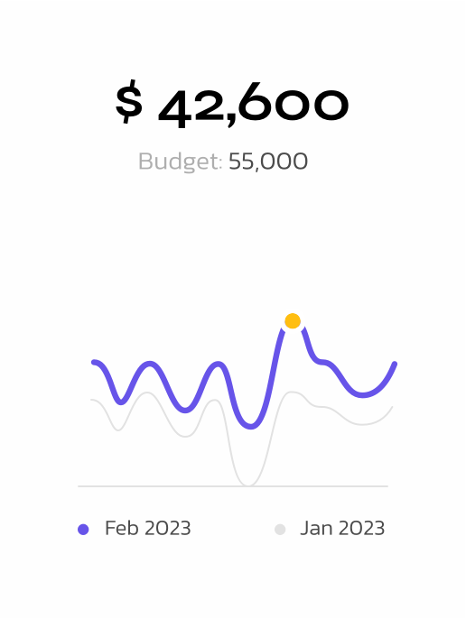 A financial chart showing $42,600 spent against a $55,000 budget, with a line graph comparing monthly trends for Feb 2023 (purple line) and Jan 2023 (gray line), highlighting a peak in February.