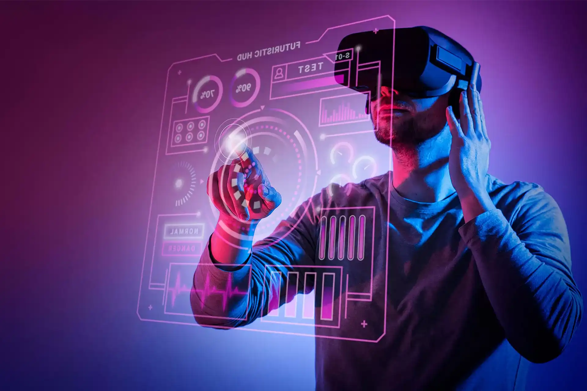 Man using a VR headset interacting with a futuristic Metaverse interface.