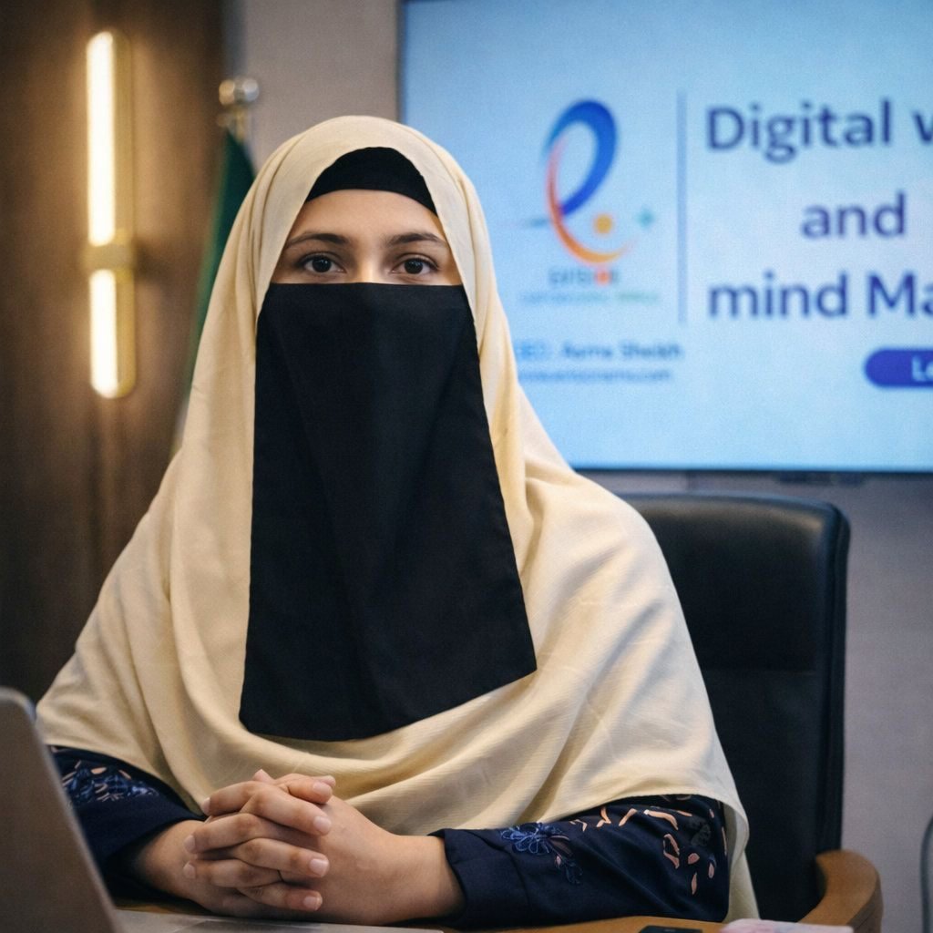 Team member wearing a niqab at a desk. Meet the Team.