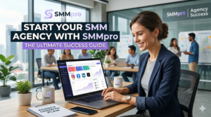 A woman using the SMMpro dashboard on her laptop to manage a social media marketing agency.