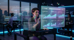 Search Engine Marketing professional analyzing Google Ads dashboard with AI-powered PPC campaign data and performance metrics