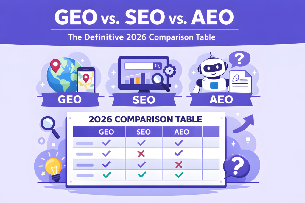 GEO vs SEO vs AEO comparison table 2026 with icons, illustrations, and differences in search optimization strategies