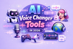 Illustration of AI voice changer tools with microphone, sound waves, and digital avatars on a soft purple background representing modern voice technology