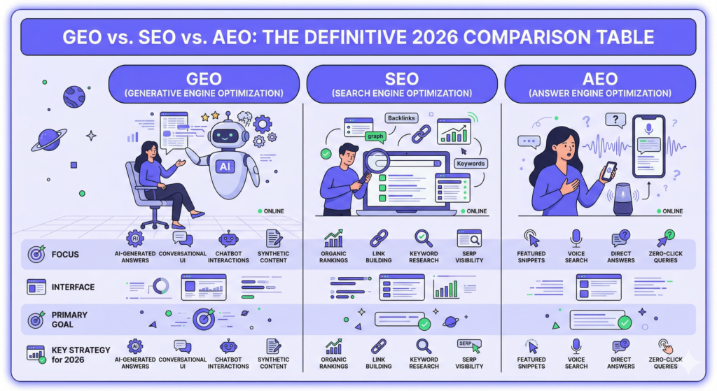 Infographic comparing GEO (Generative Engine Optimization), SEO, and AEO strategies, interfaces, and focus areas for 2026