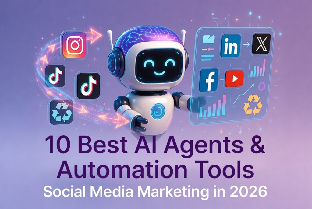 Futuristic AI robot managing social media automation with glowing icons of Instagram, TikTok, LinkedIn and more – 10 Best AI Agents for Social Media Marketing in 2026
