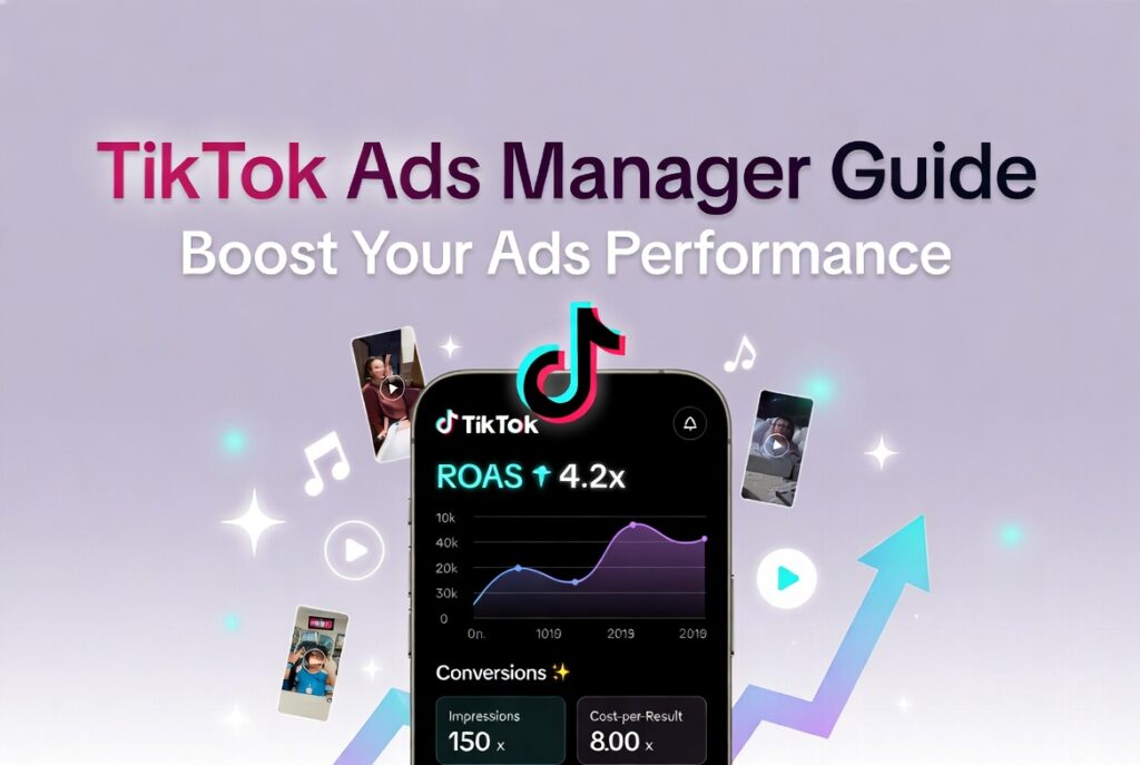 TikTok Ads Manager dashboard on a smartphone showing rising ROAS, conversions, and performance metrics with cyan and purple graphs, surrounded by TikTok logos, video icons, and trending elements on a soft lavender background #e9e5ff