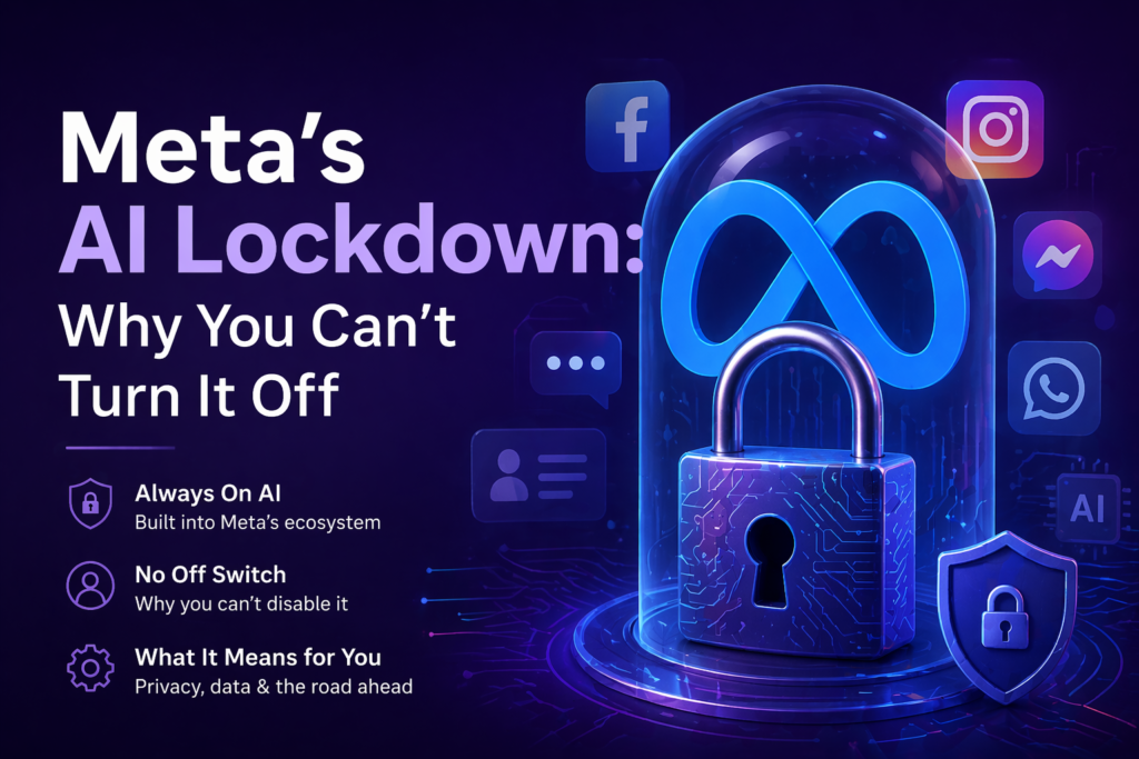 Illustration of Meta AI locked behind a digital padlock with social media icons, representing always-on AI systems and lack of user control over disabling AI features