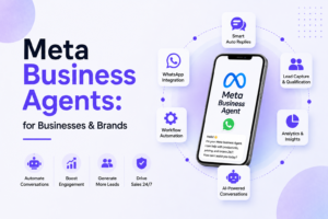 Modern promotional banner for Meta Business Agents featuring a smartphone with a Meta AI business assistant on WhatsApp, surrounded by icons for smart auto replies, WhatsApp integration, workflow automation, AI-powered conversations, lead capture, analytics, and 24/7 customer engagement for businesses and brands.
