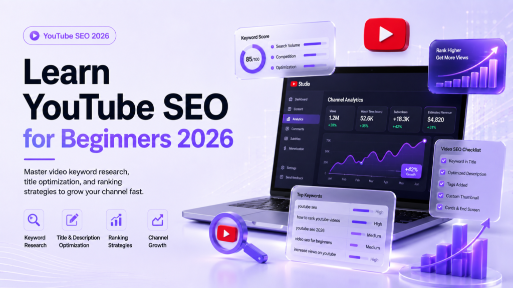 Learn YouTube SEO for beginners in 2026 with keyword research, title optimization, ranking strategies, and YouTube analytics