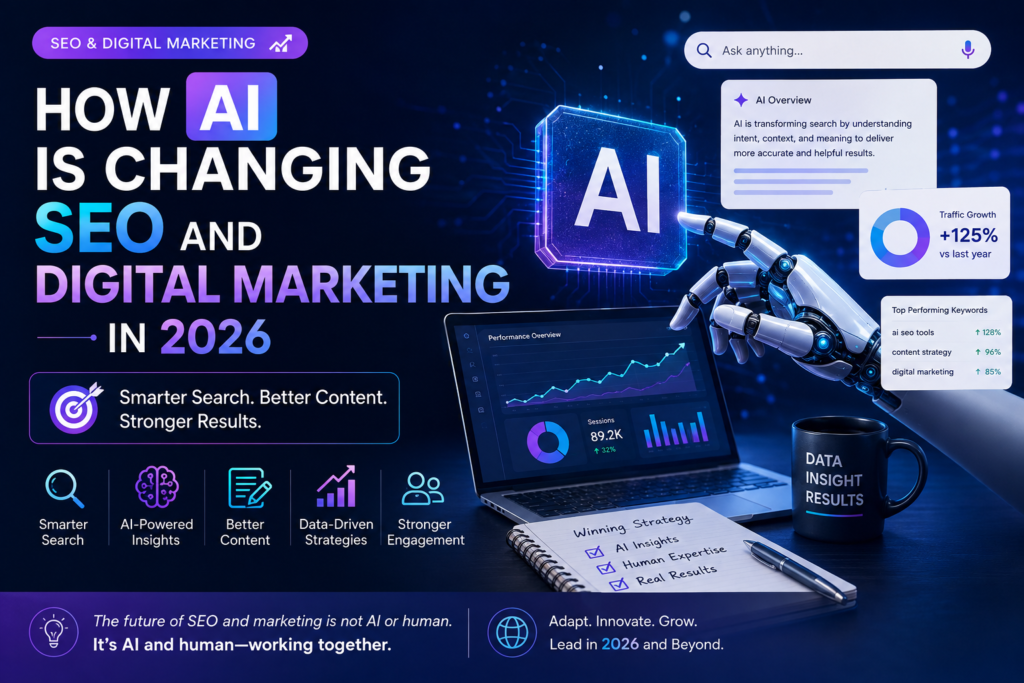 AI-powered SEO and digital marketing in 2026 featuring search optimization, analytics dashboards, content strategy, and futuristic AI technology.