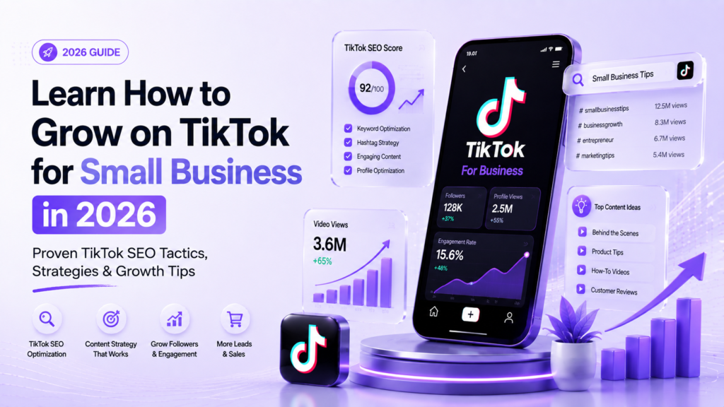 Learn how to grow on TikTok for small businesses in 2026 with TikTok SEO, content strategy, engagement, and growth analytics
