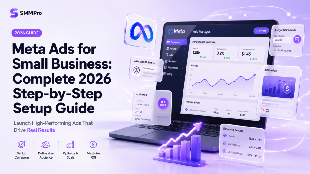 Meta Ads for Small Business 2026 step-by-step setup guide with advertising dashboard and campaign analytics