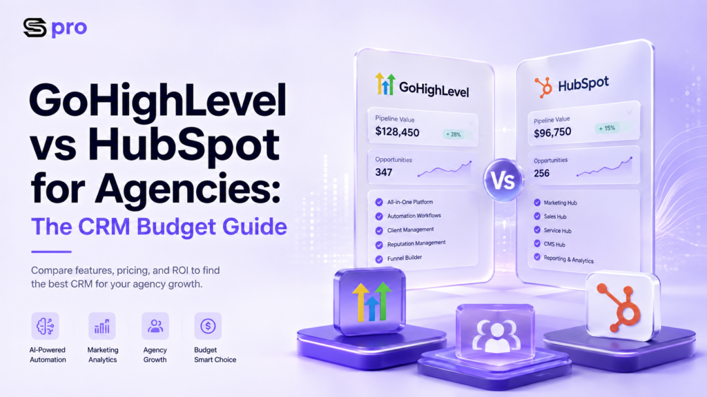 GoHighLevel vs HubSpot for agencies, featuring a modern CRM comparison dashboard and digital marketing analytics.