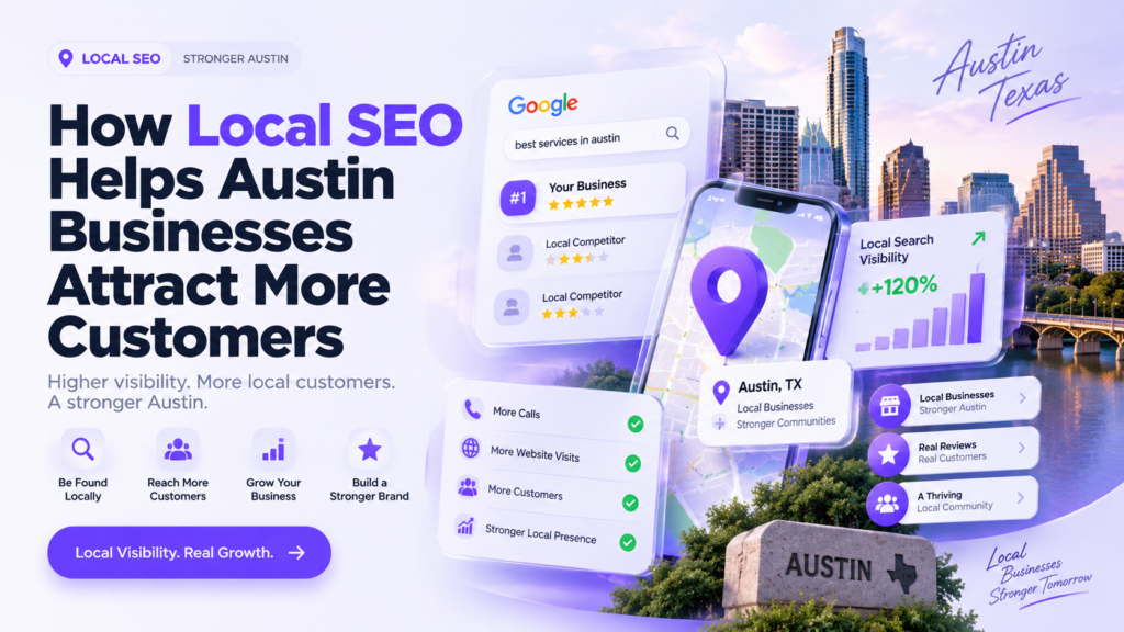 How Local SEO Helps Austin Businesses Attract More Customers — local search rankings, Austin map, business growth analytics, and digital marketing dashboard.