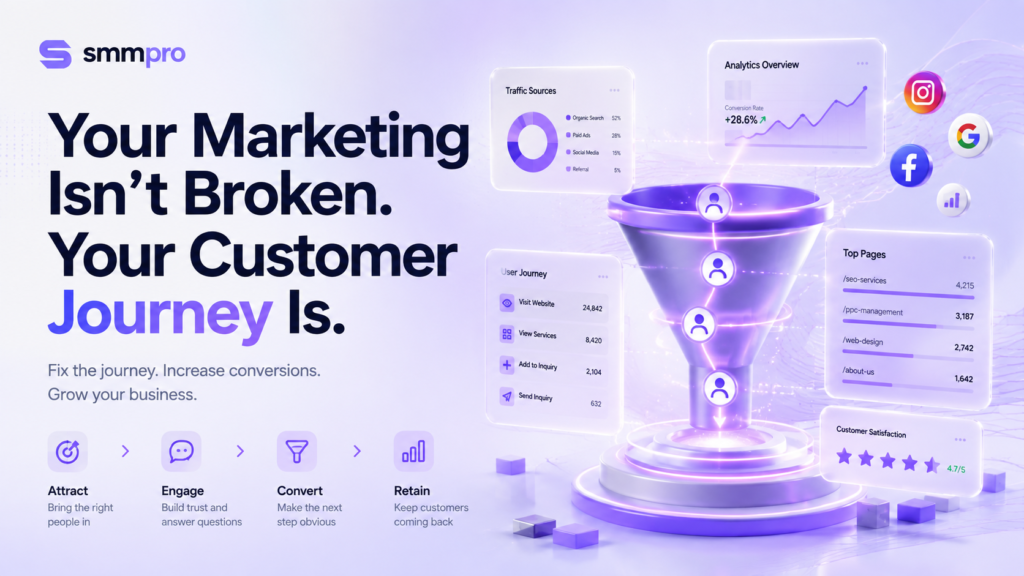 Premium SaaS marketing illustration showing a customer journey funnel, analytics dashboards, traffic sources, conversion data, and digital marketing channels in a purple futuristic design.