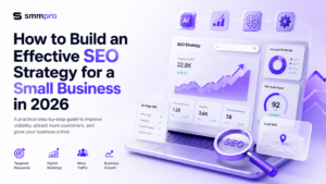 A modern SEO strategy dashboard showing keyword rankings, organic traffic, website optimization, and business growth.