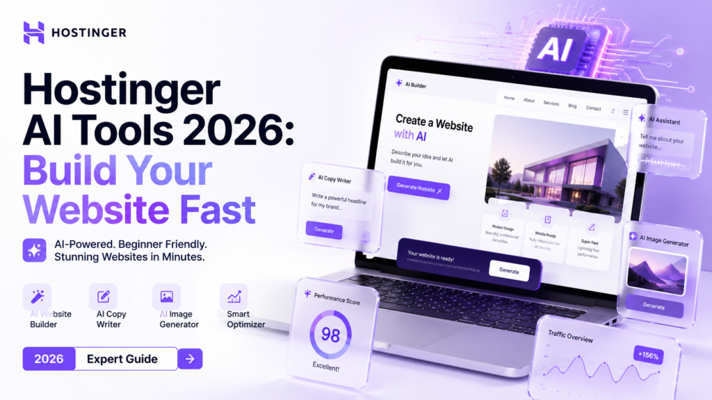 Hostinger AI Tools 2026 for fast website building with AI website builder, copywriter, image generator, and optimization dashboard