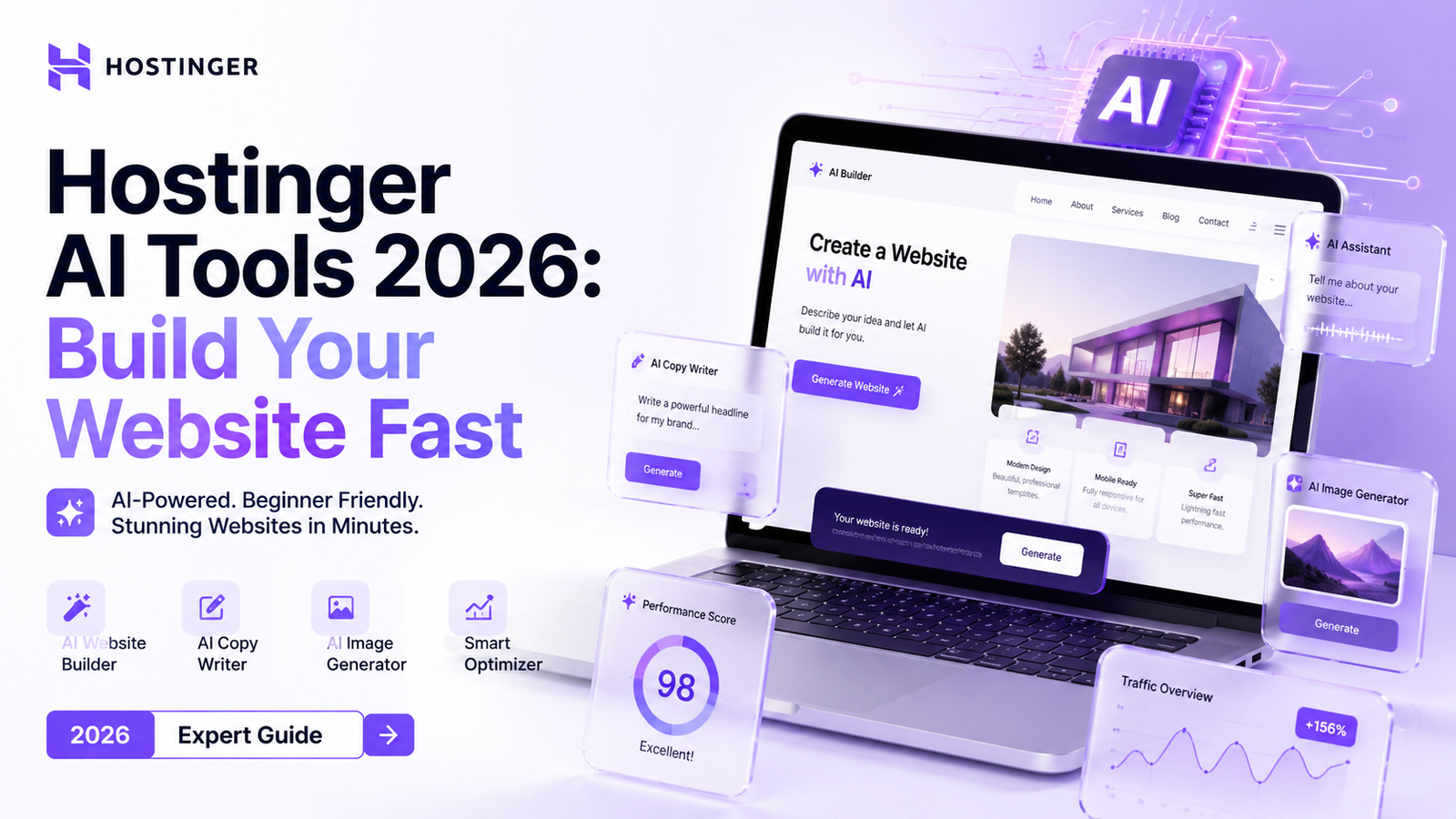 Hostinger AI Tools 2026 for fast website building with AI website builder, copywriter, image generator, and optimization dashboard