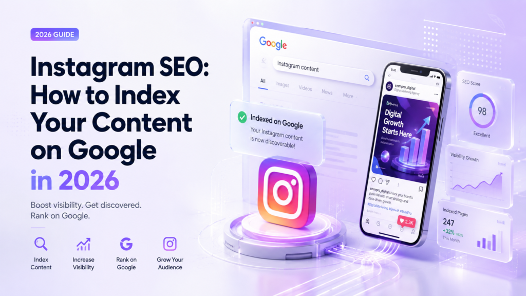 **Image Title** Instagram SEO: How to Index Your Content on Google in 2026 | Premium Featured Image --- **Image Alt Text** Premium SaaS-style featured image for an Instagram SEO guide showing a Google Search interface, Instagram app, SEO analytics dashboard, glassmorphism UI cards, growth charts, and 3D digital marketing elements. The banner illustrates how to optimize Instagram content for Google indexing in 2026 using modern purple gradients, futuristic technology visuals, and AI-inspired design.
