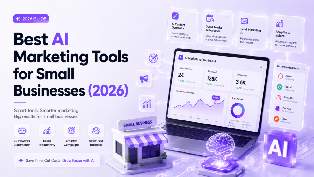 Premium featured image showing the best AI marketing tools for small businesses in 2026, with an AI marketing dashboard, content generation, social media automation, email marketing, analytics, business growth charts, and futuristic purple SaaS technology visuals.