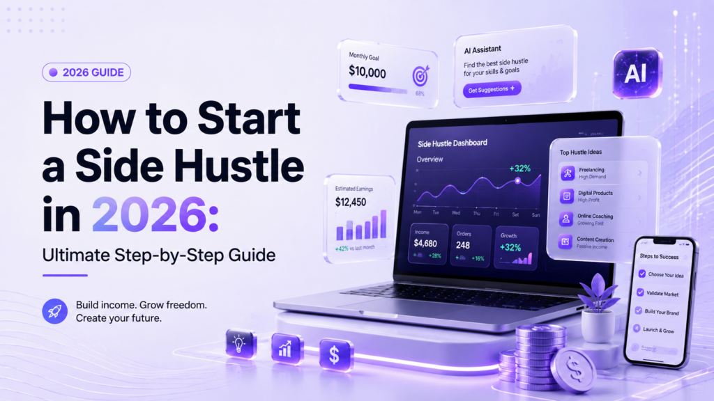 Modern hero banner illustrating how to start a side hustle in 2026 with AI tools, laptop, online business dashboard, freelancing, e-commerce, and digital income growth.