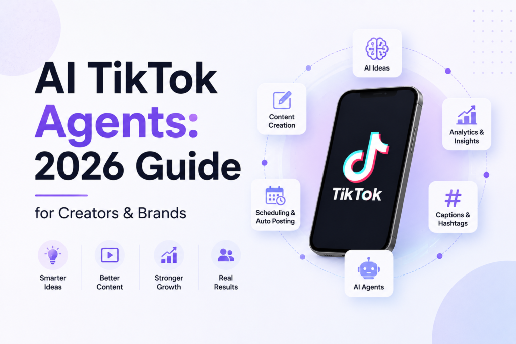 AI TikTok Agents 2026 guide feature image with TikTok smartphone, AI content creation cards, analytics, captions, scheduling, and automation icons for creators and brands.