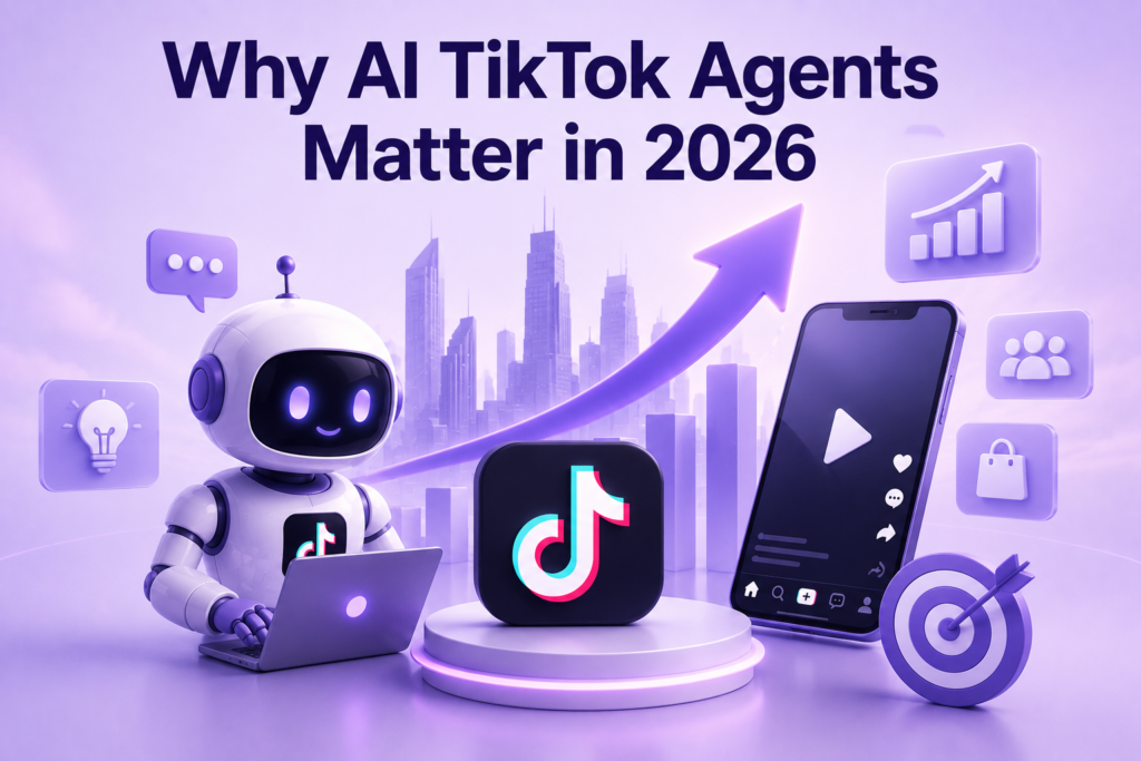 AI TikTok agents matter in 2026 feature image showing a robot, TikTok logo, smartphone, growth arrow, analytics icons, and digital marketing elements.
