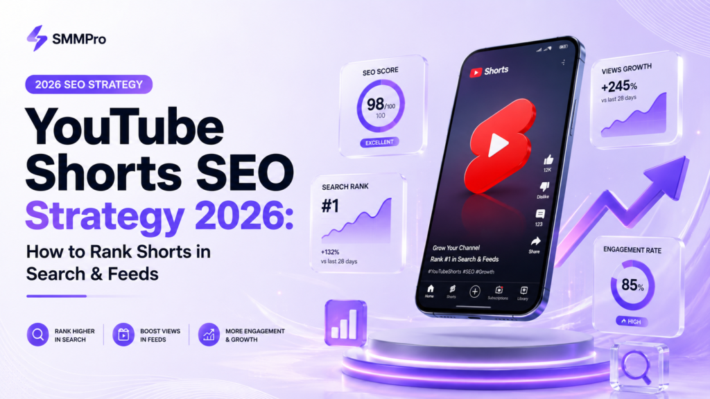 YouTube Shorts SEO Strategy 2026 guide showing search rankings, Shorts feed growth, analytics, and engagement metrics