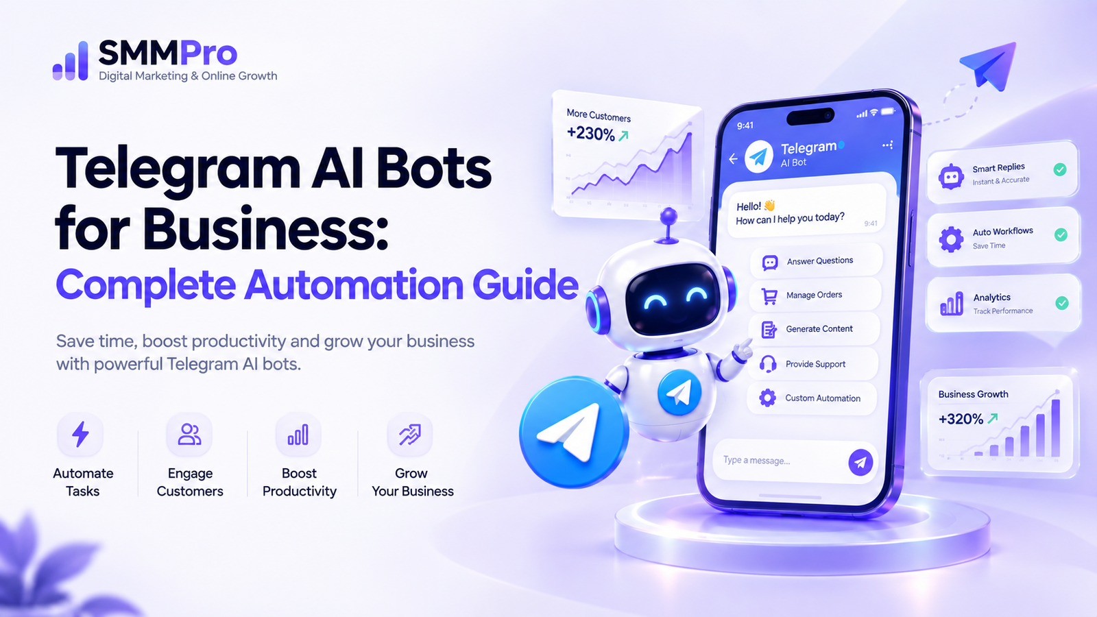 Telegram AI bots for business automation with AI chatbot, analytics dashboard, and workflow features