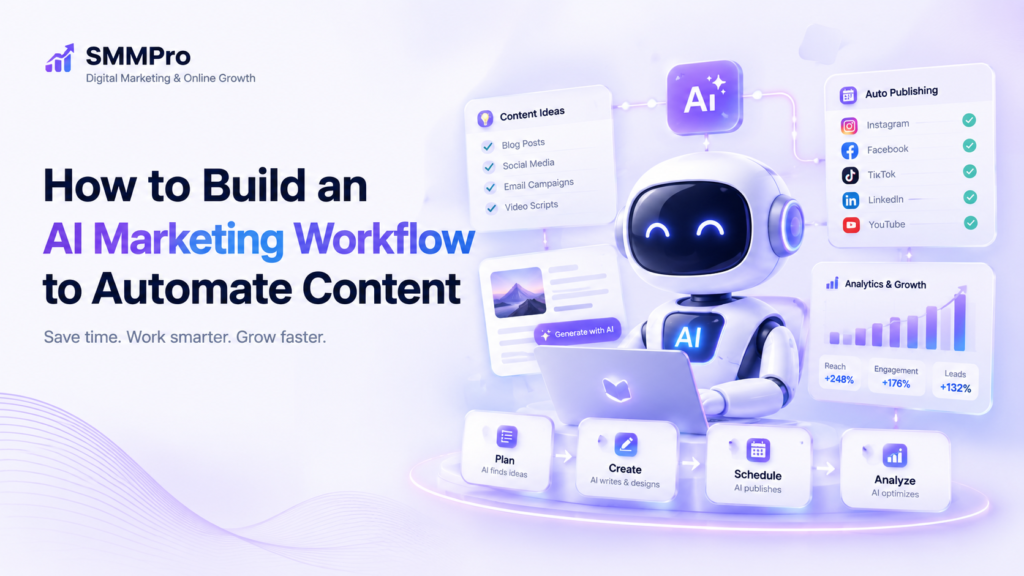 AI marketing workflow automation dashboard with content planning, creation, scheduling, and analytics