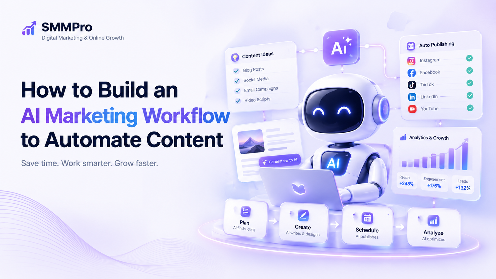 AI marketing workflow automation dashboard with content planning, creation, scheduling, and analytics