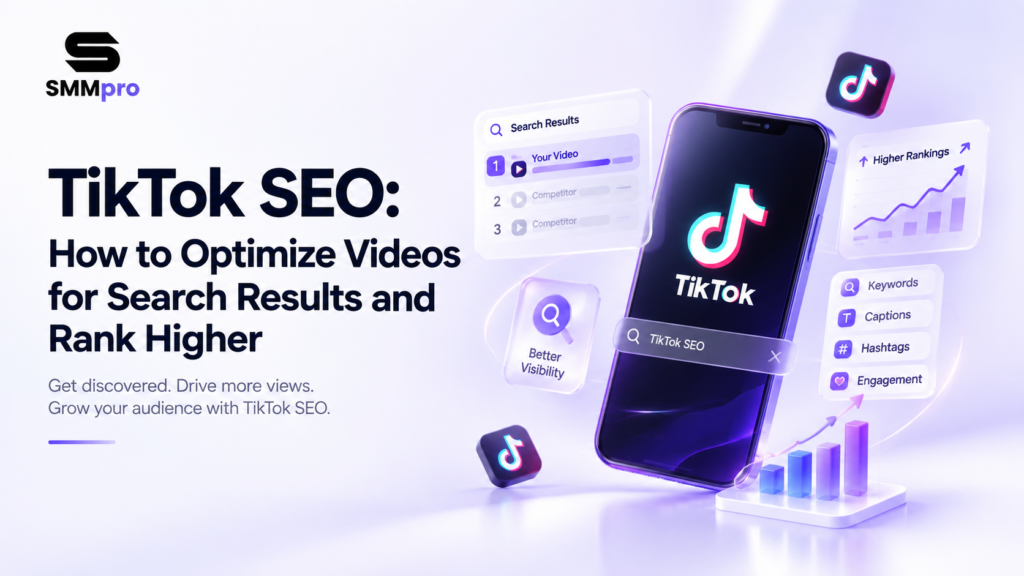 ikTok SEO guide showing search rankings, keywords, captions, engagement, and growth analytics
