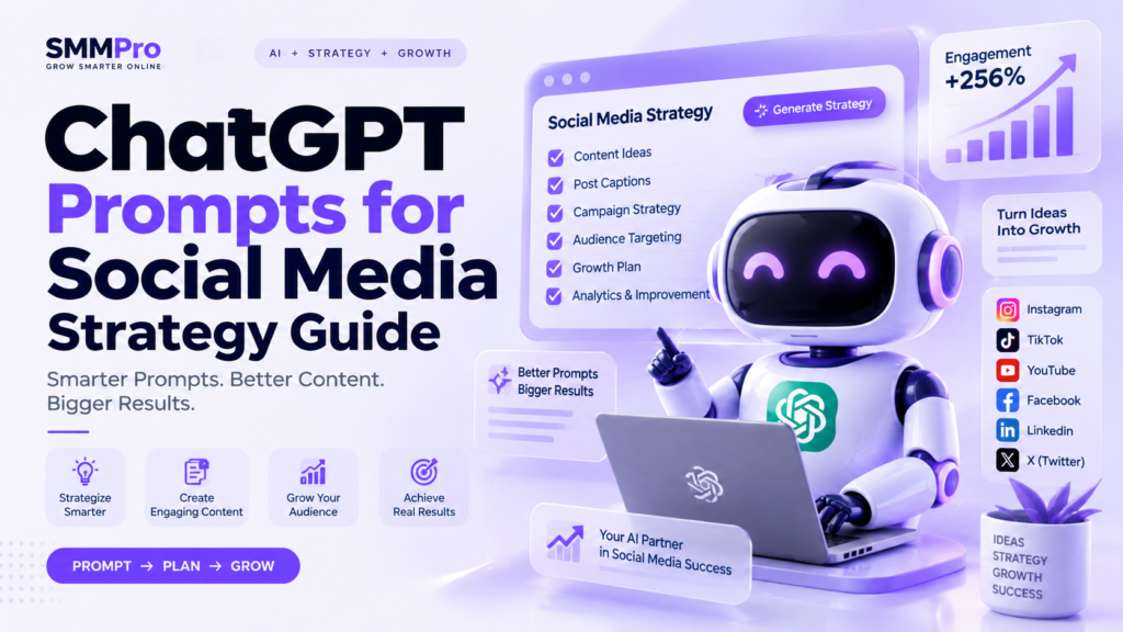 ChatGPT prompts for social media strategy guide with AI-powered planning, content creation, analytics, and growth dashboard