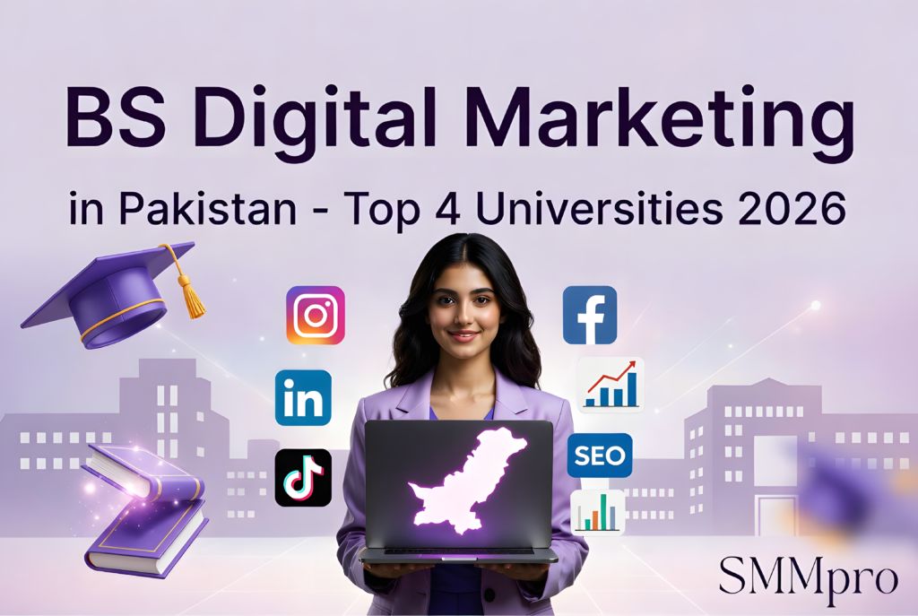 BS Digital Marketing in Pakistan: Top 4 Universities 2026 – Young Pakistani students with laptop and digital marketing icons including SEO, SMM, Google Ads, Instagram, TikTok, and Facebook