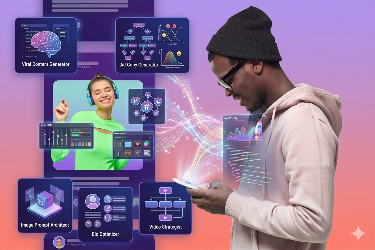 A professional interacting with a smartphone displaying glowing data streams and 3D UI cards representing viral content generation, ad copy strategy, and video planning tools.