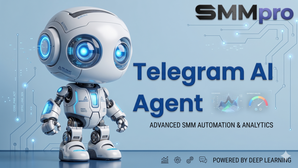 SMMpro Telegram AI Agent illustration featuring a modern white robot on a tech-themed blue background, representing advanced social media automation and analytics.
