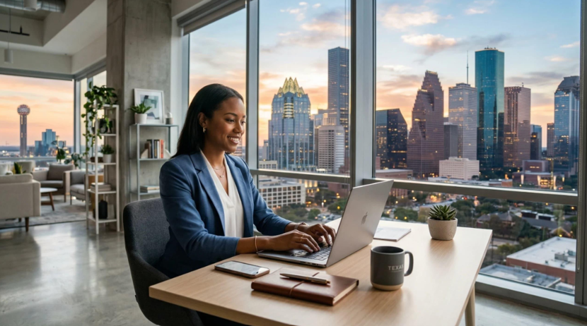 Professional businesswoman working on a laptop in a modern Austin office overlooking the city skyline.
