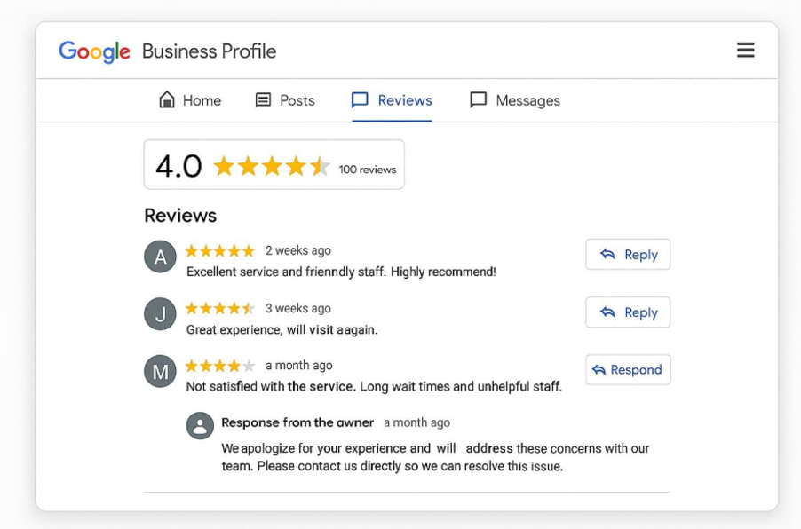 Google Business Profile reviews dashboard showing customer star ratings, feedback, and owner responses for local SEO reputation management.