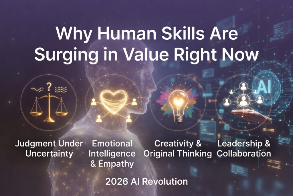 2026 AI Revolution: Why Human Skills Are Surging in Value Right Now – Judgment Under Uncertainty, Emotional Intelligence, Creativity, Leadership & Collaboration with glowing human silhouette on purple background