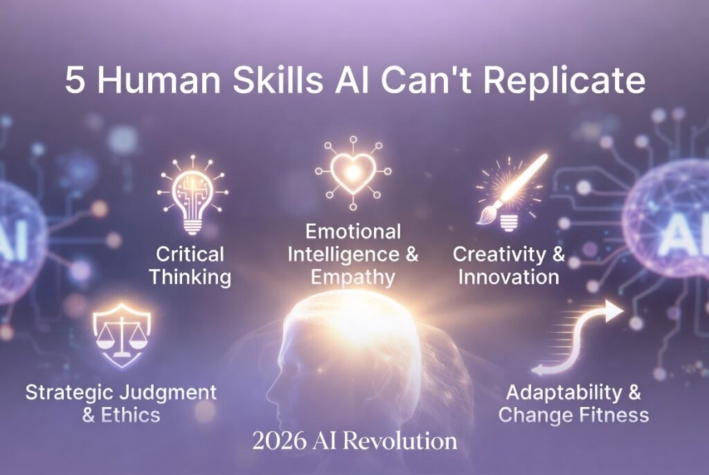 2026 AI Revolution: 5 Human Skills AI Can’t Replicate – Critical Thinking, Emotional Intelligence, Creativity, Adaptability & Strategic Judgment with glowing icons on purple background