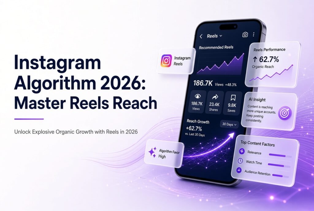 Premium 3D blog featured image showing the title “Instagram Algorithm 2026: Master Reels Reach” with a modern smartphone displaying Instagram Reels analytics, growth charts, and floating glassmorphism UI cards in purple and white SaaS style.