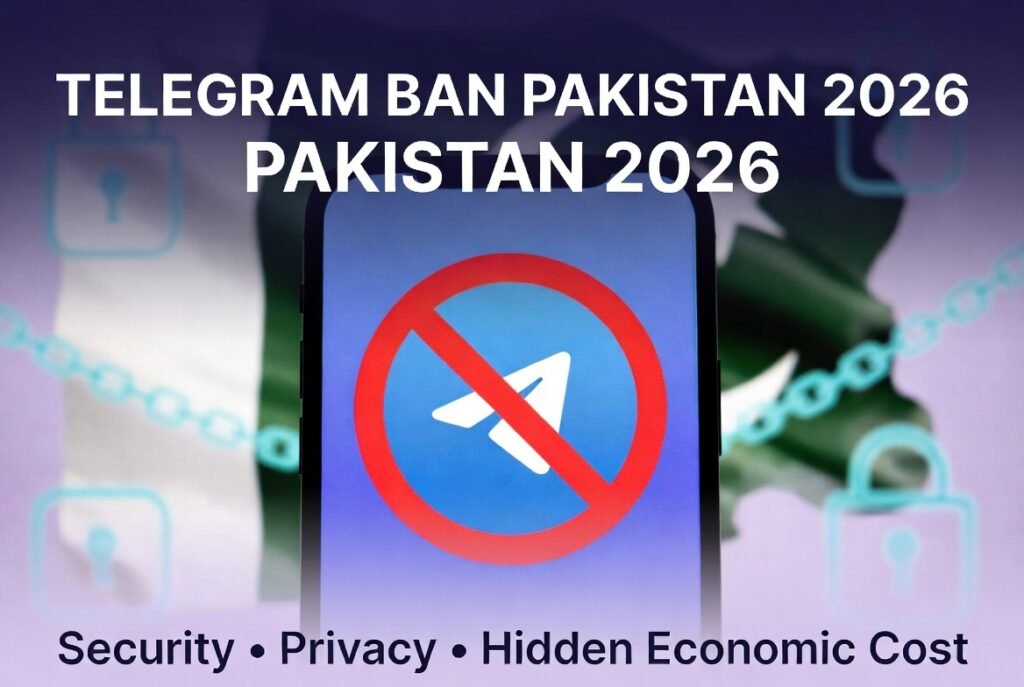Alt Text: Telegram Ban Pakistan 2026 - Smartphone showing blocked Telegram app with prohibition symbol, Pakistan flag in background, representing security, privacy, and economic impact