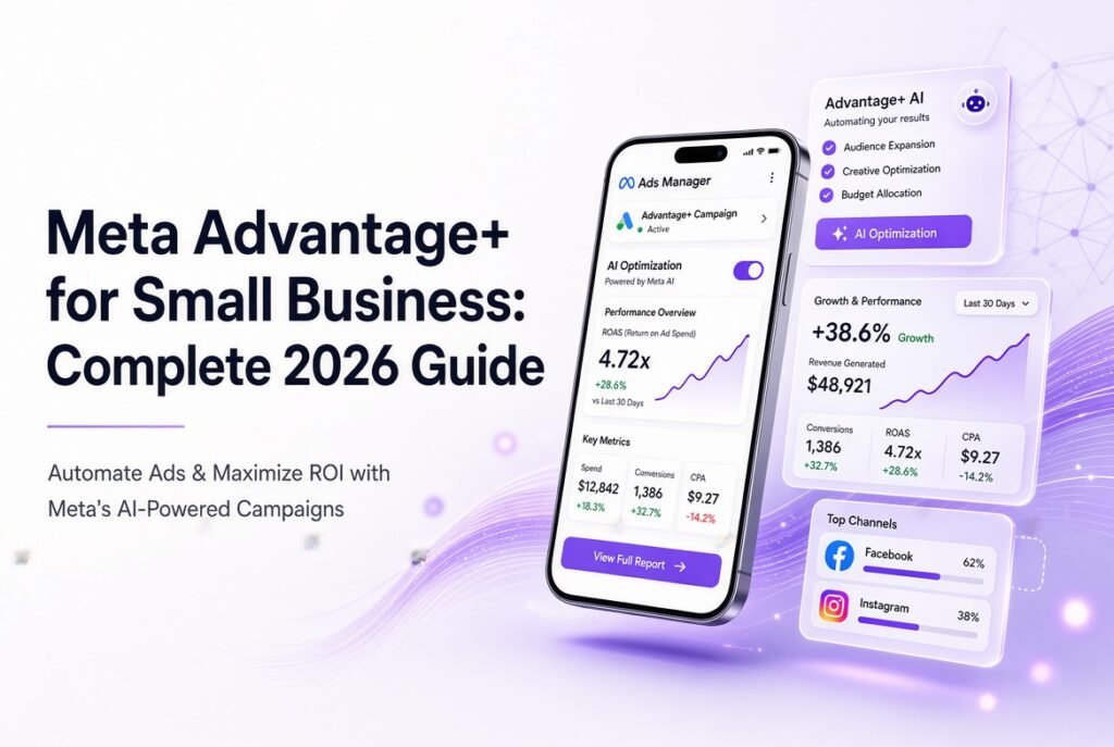 Premium 3D blog featured image showing the title “Meta Advantage+ for Small Business: Complete 2026 Guide” with a modern smartphone displaying Meta Ads Manager, Advantage+ AI campaign dashboard, growth charts, and floating glassmorphism UI cards in purple and white SaaS style.