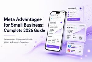 Premium 3D blog featured image showing the title “Meta Advantage+ for Small Business: Complete 2026 Guide” with a modern smartphone displaying Meta Ads Manager, Advantage+ AI campaign dashboard, growth charts, and floating glassmorphism UI cards in purple and white SaaS style.